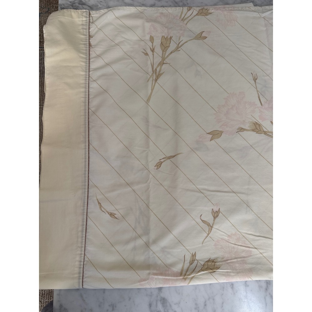 Dan River Danville Vintage King Flat Sheet Floral Carnation Pink Tan Percale USA